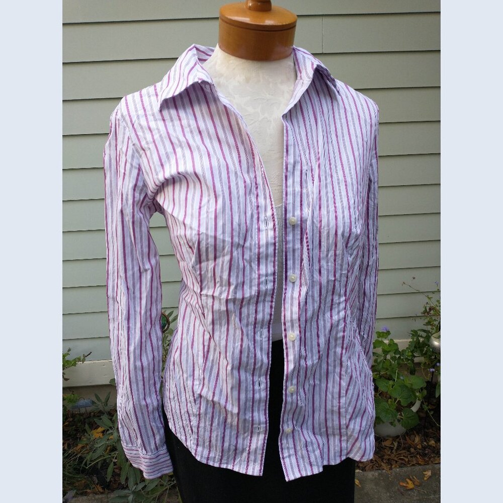 Blouse: Cotton, purple striped. Size medium - by Tommy Hilfiger